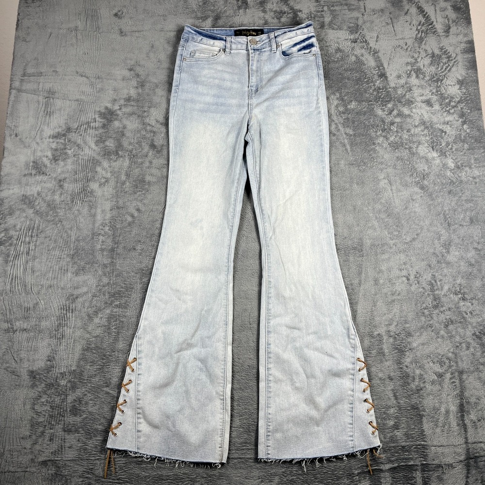 Indigo Rein Jeans Womens 9 Blue Denim Cotton Laceup Gusset High Rise Flared Leg